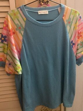 Lovely Melody Light Blue Ribbed Knit Top with Wave Texture